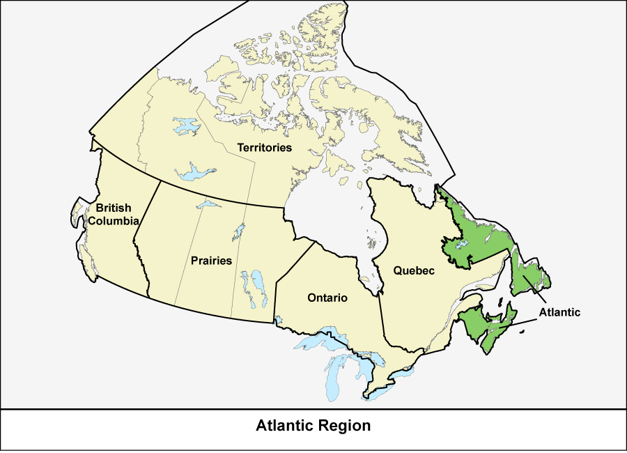 Map of Canada showing the Atlantic Region in green