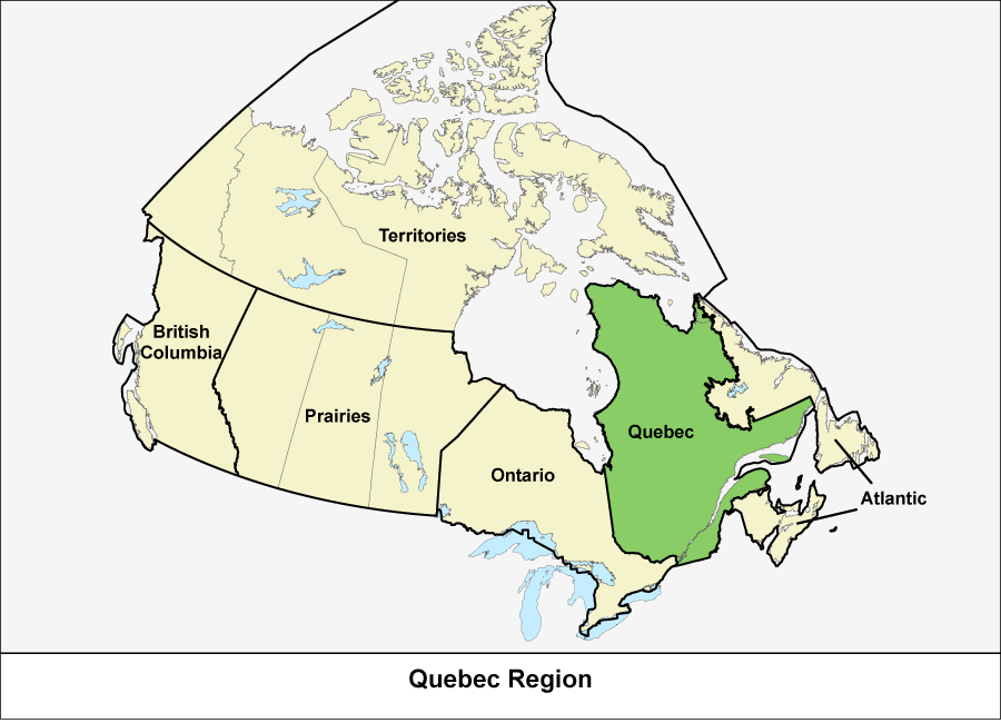 Map of Canada showing the Quebec Region in green