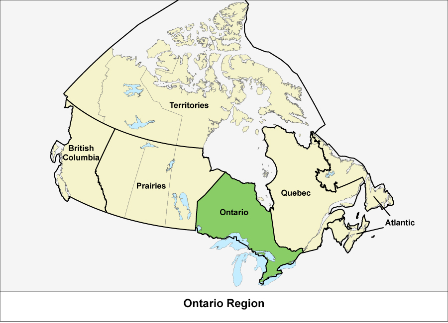 Map of Canada showing the Ontario Region in green