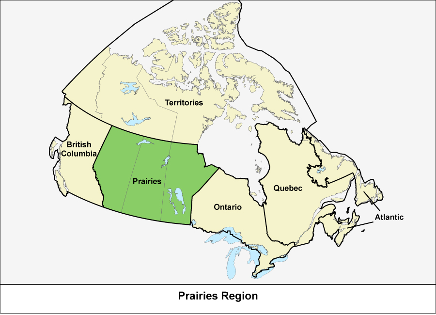 Map of Canada showing the Prairies Region in green
