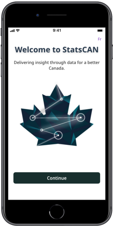 StatsCAN App welcome screen: Welcome to StatsCAN. Delivering insight through data for a better Canada.