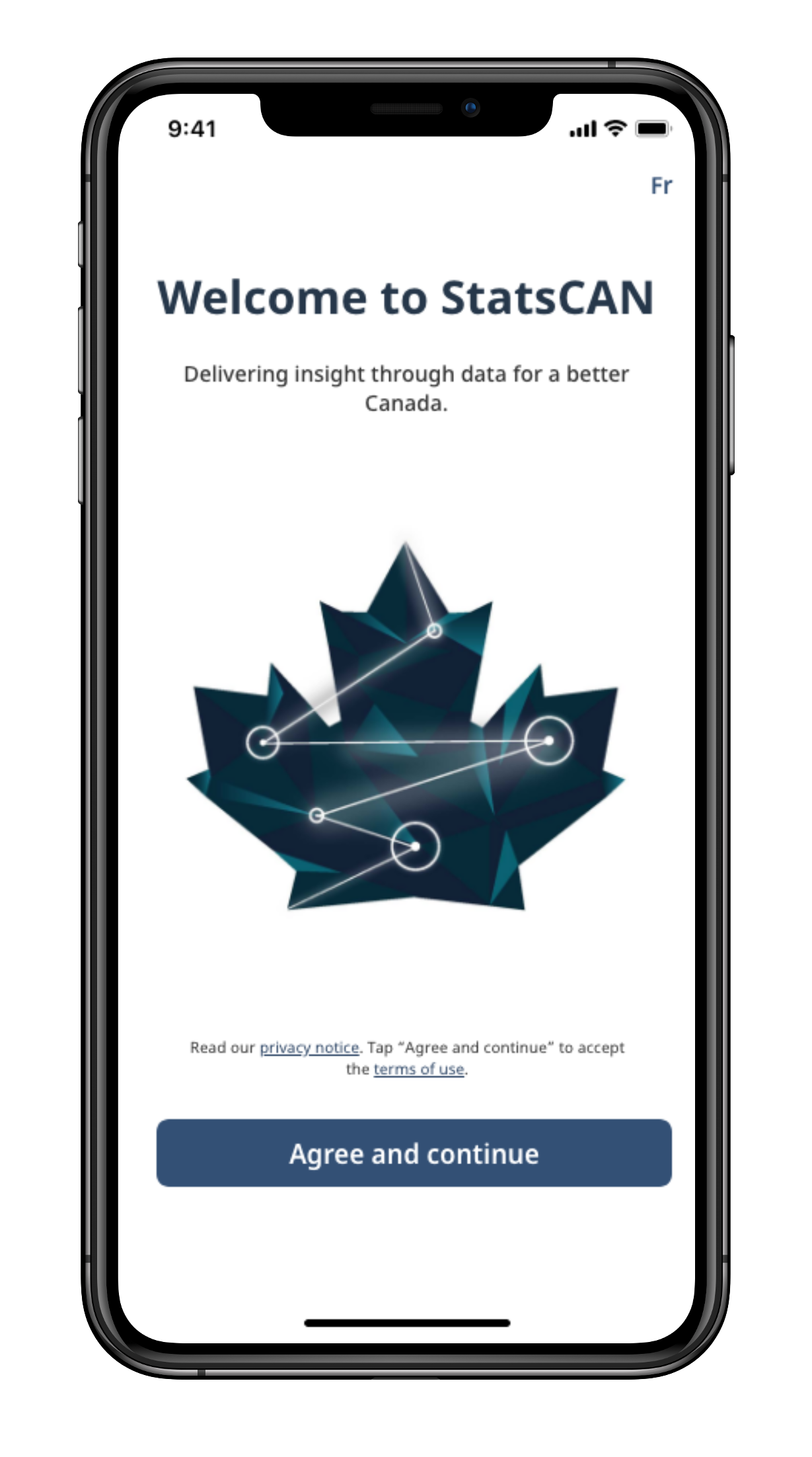 StatsCAN App welcome screen: Welcome to StatsCAN. Delivering insight through data for a better Canada. 