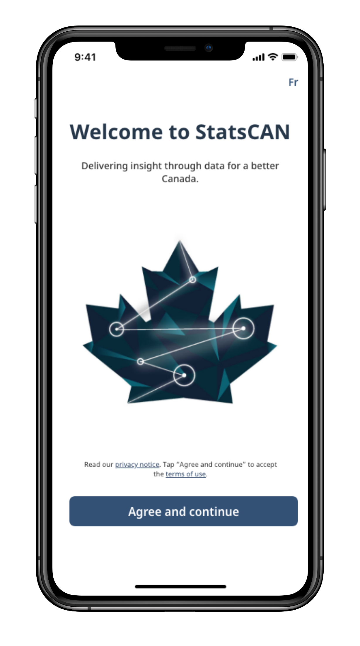 StatsCAN App welcome screen: Welcome to StatsCAN. Delivering insight through data for a better Canada.